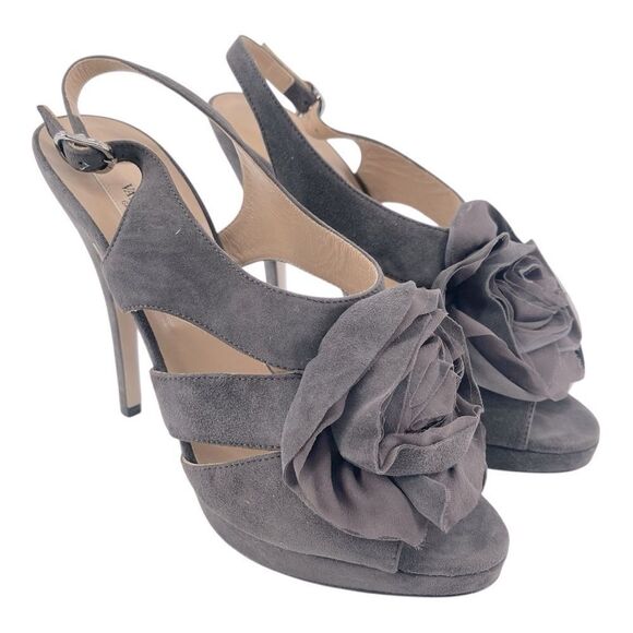 Valentino Grey Suede Floral Ruffle Slingback Platform Stiletto Heels US 7.5 - Picture 15 of 16